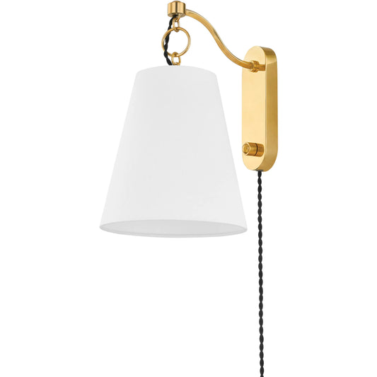 Joan Plug-In Sconce by Hudson Valley in aged brass. Made from steel in a unique style.