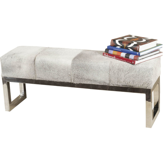 Moro Hide Bench by Interlude Home in polished steel, light natural hide. Made from stainless steel, hide in a modern style.