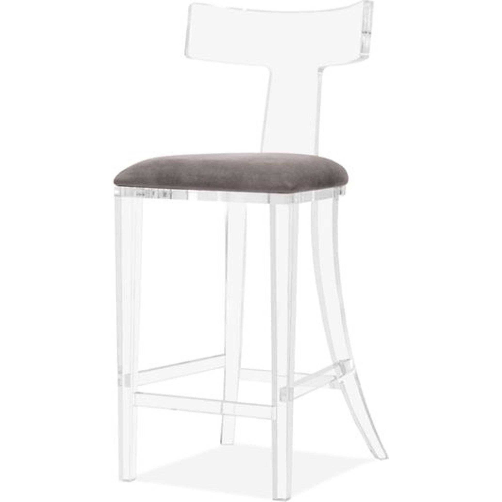 Tristan Klismos Bar Stool by Interlude Home in clear, nimbus gray. Made from acrylic, velvet in a modern style.
