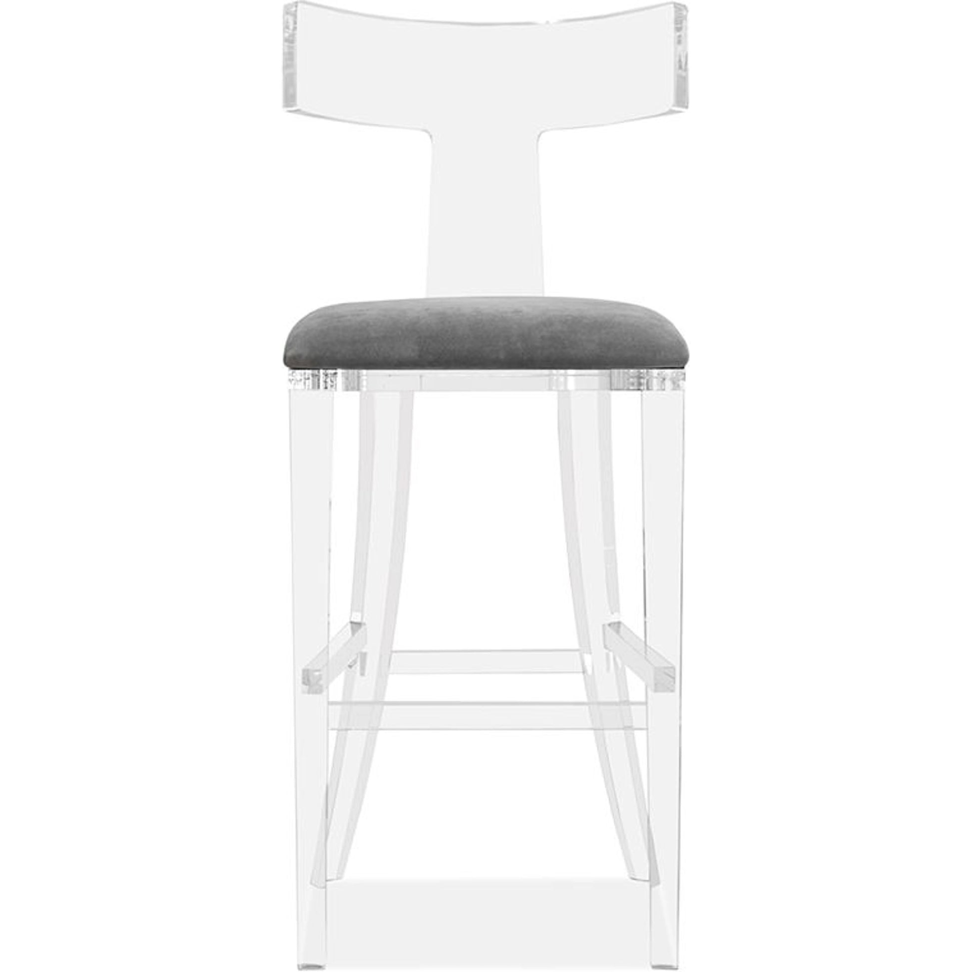 Tristan Klismos Bar Stool by Interlude Home in clear, nimbus gray. Made from acrylic, velvet in a modern style.
