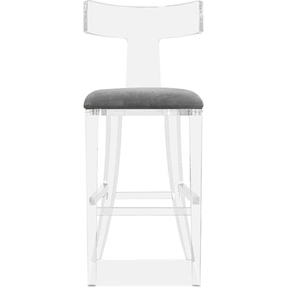 Tristan Klismos Bar Stool by Interlude Home in clear, nimbus gray. Made from acrylic, velvet in a modern style.