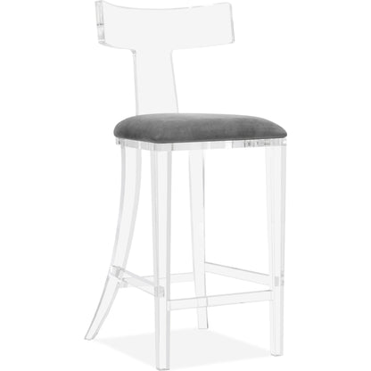 Tristan Klismos Bar Stool by Interlude Home in clear, nimbus gray. Made from acrylic, velvet in a modern style.