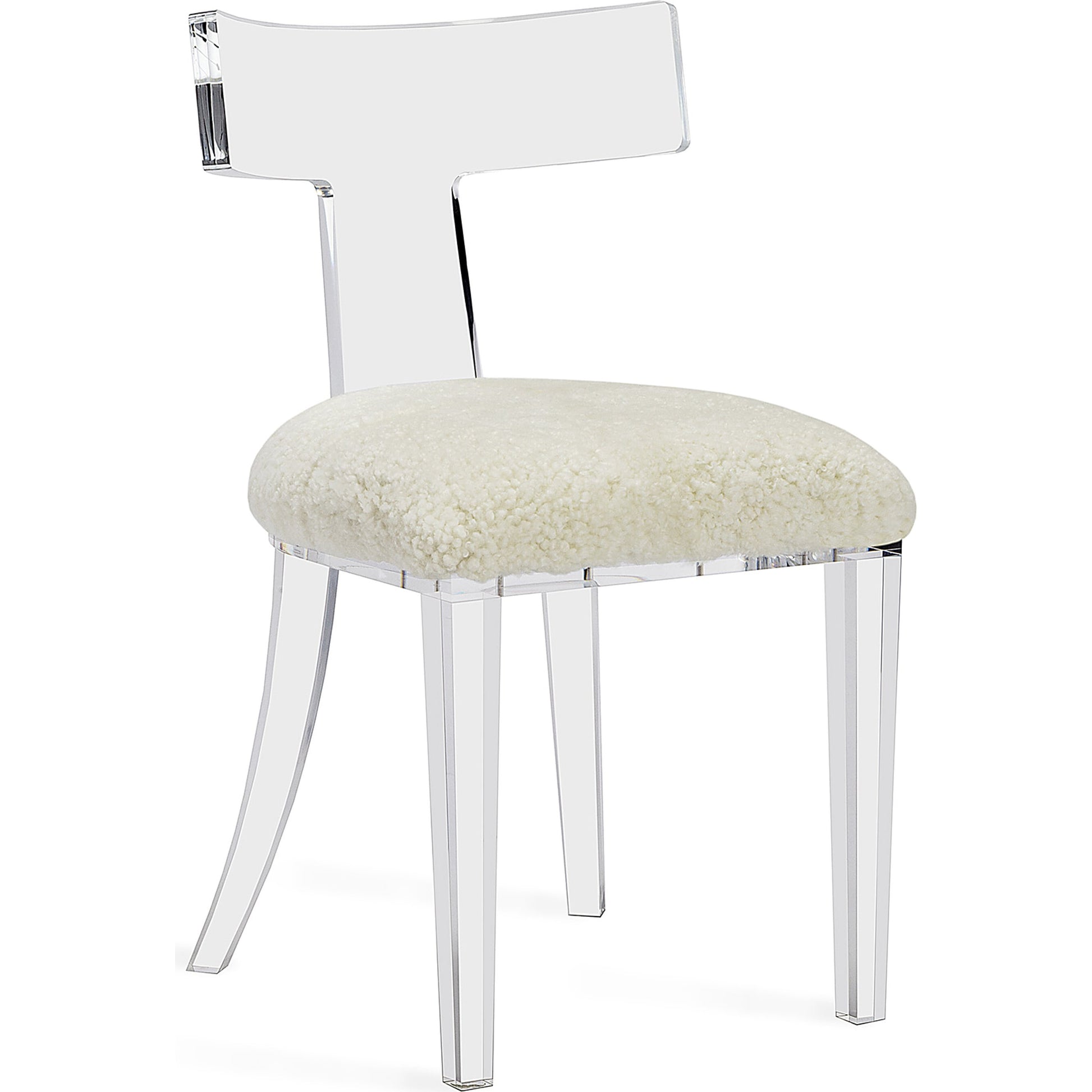 Tristan Klismos Chair by Interlude Home in clear, long curly ivory. Made from acrylic, sheep skin in a modern style.