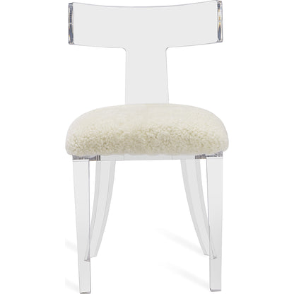 Tristan Klismos Chair by Interlude Home in clear, long curly ivory. Made from acrylic, sheep skin in a modern style.