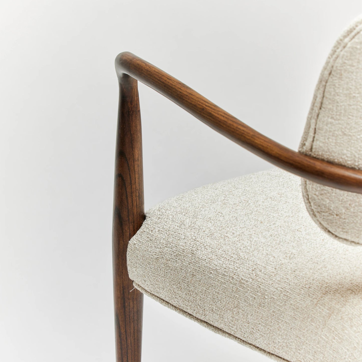 013 SI-2130795 | Closeup | Serafina Arm Chair by Interlude Home in luster, walnut, brushed brass. Made from saxon weave, wood, metal in a modern style.