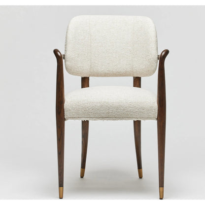 Serafina Arm Chair by Interlude Home in luster, walnut, brushed brass. Made from saxon weave, wood, metal in a modern style.