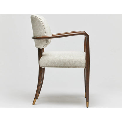 Serafina Arm Chair by Interlude Home in luster, walnut, brushed brass. Made from saxon weave, wood, metal in a modern style.