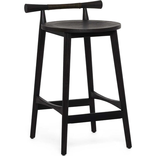 Madeira Counter Stool by Interlude Home in matte black, vintage brushed bronze. Made from sungkai wood, leather, metal in a unique style.