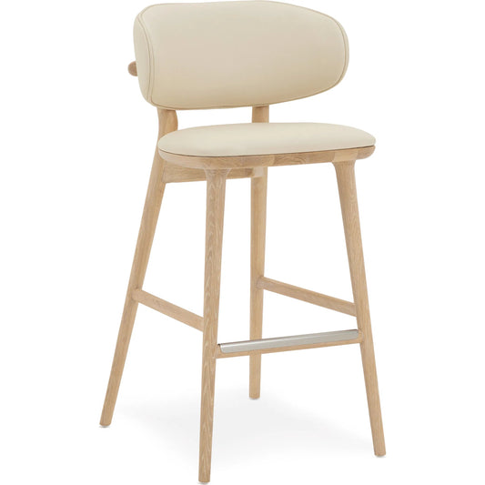 Soren Bar Stool by Interlude Home. Made from oak, vegan leather, metal in a transitional style.