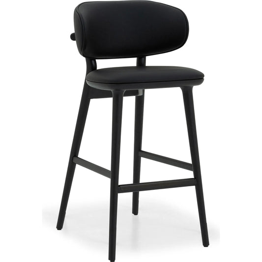 Soren Bar Stool by Interlude Home. Made from oak, vegan leather, metal in a transitional style.