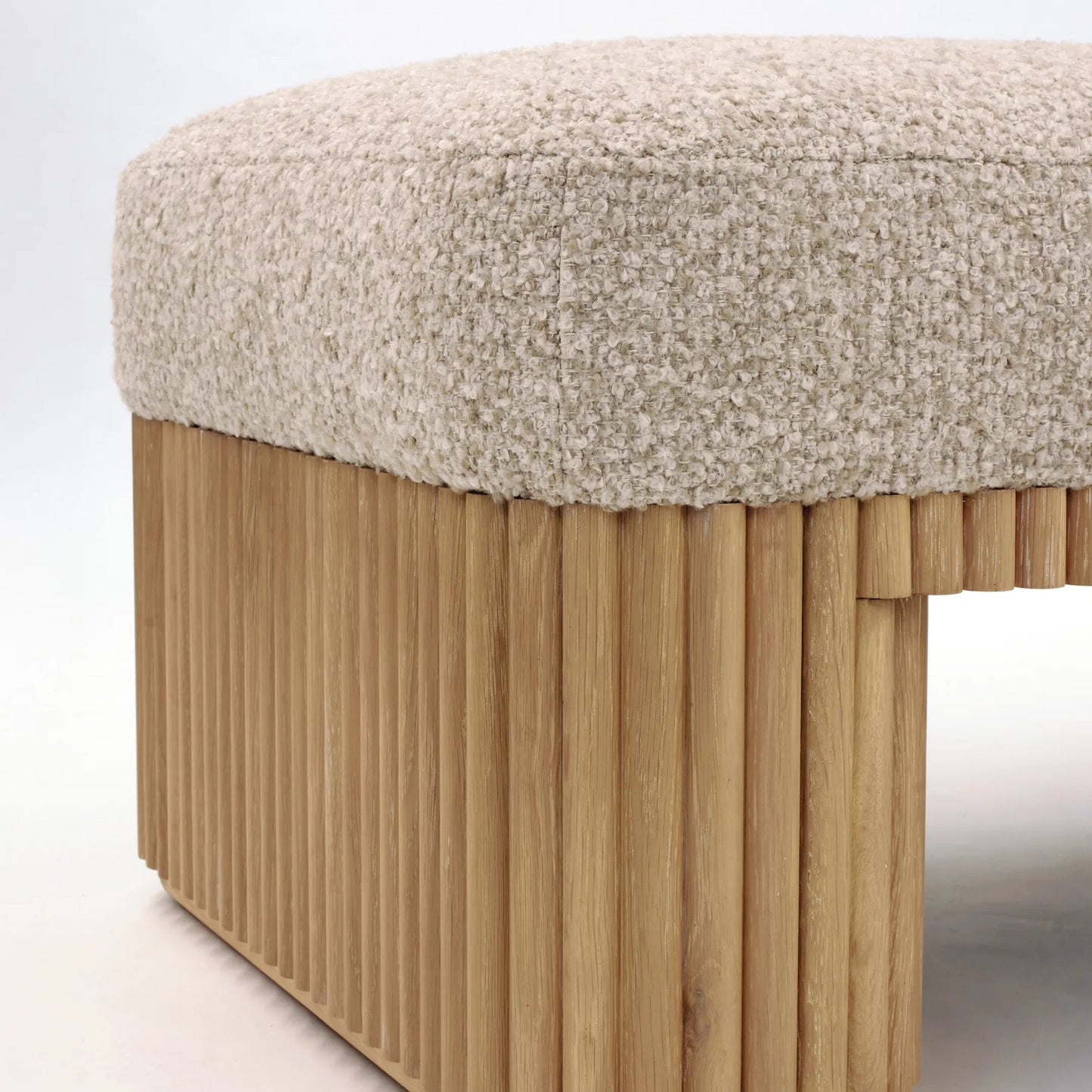 003 SI-2519593 | Closeup | Laurel Bench by Interlude Home in saddle, finch. Made from oak, fabric in a transitional style.