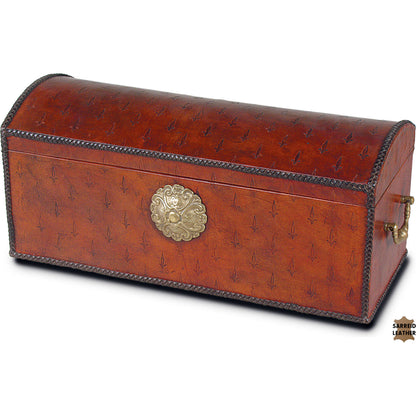 Baron's Box by Sarreid Ltd. in red and antique brass accents w/hinged lid. Made from wood, leather, brass in a traditional style.