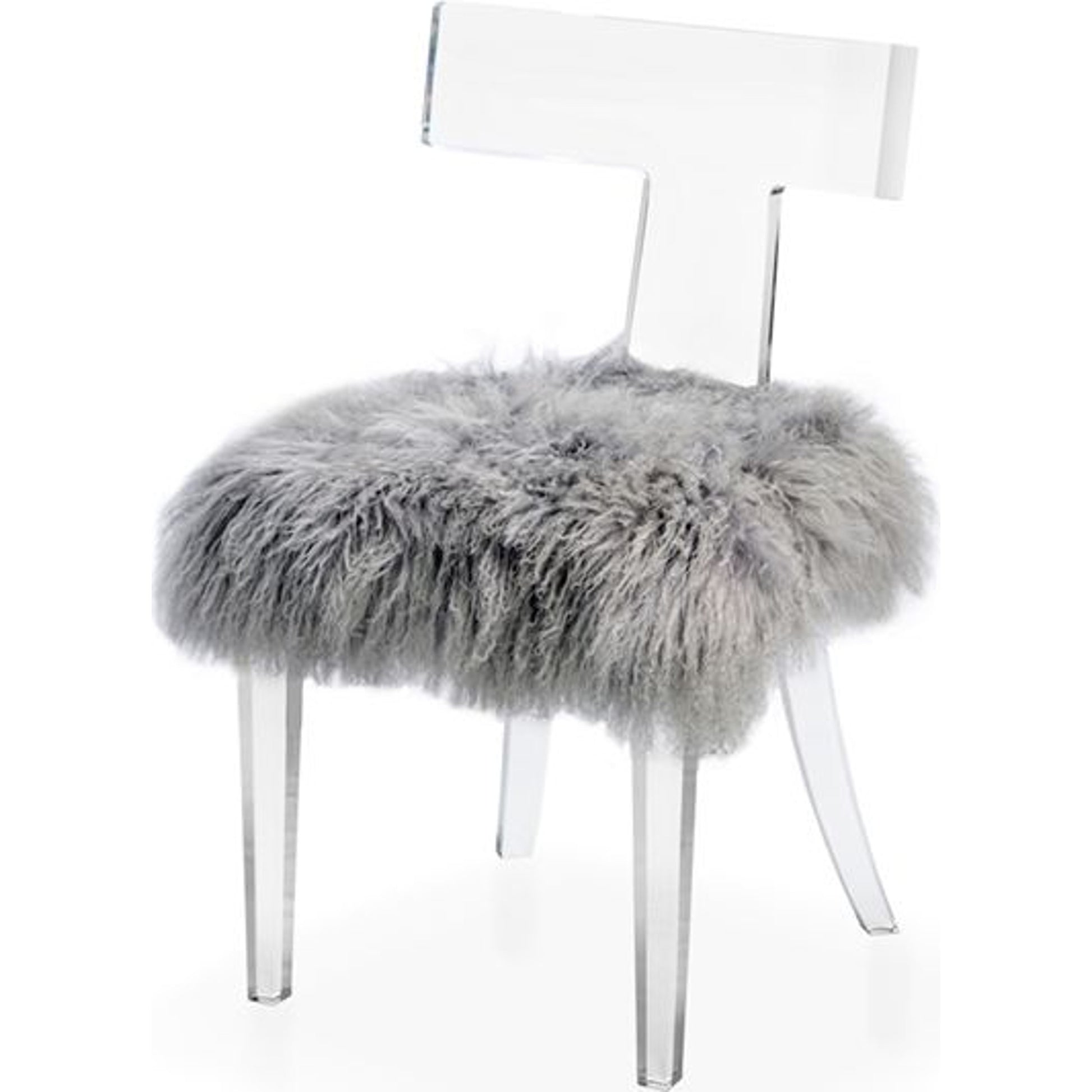 Tristan Klismos Chair by Interlude Home in clear, long curly ivory. Made from acrylic, sheep skin in a modern style.