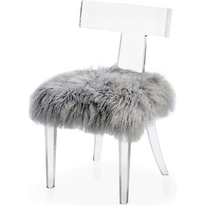 Tristan Klismos Chair by Interlude Home in clear, long curly ivory. Made from acrylic, sheep skin in a modern style.