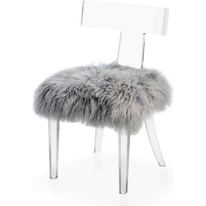 Tristan Klismos Chair by Interlude Home in clear, long curly ivory. Made from acrylic, sheep skin in a modern style.