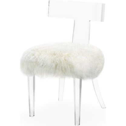 Tristan Klismos Chair by Interlude Home in clear, long curly ivory. Made from acrylic, sheep skin in a modern style.