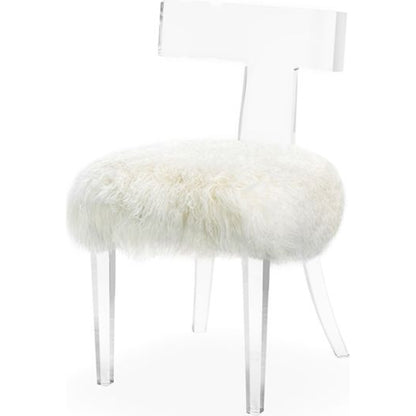 Tristan Klismos Chair by Interlude Home in clear, long curly ivory. Made from acrylic, sheep skin in a modern style.