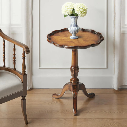 Dansby Pedestal Table by Butler Specialty Company. Made from rubberwood: 50%, oak veneers: 25%, mdf: 20%, resin: 5% in a traditional style.