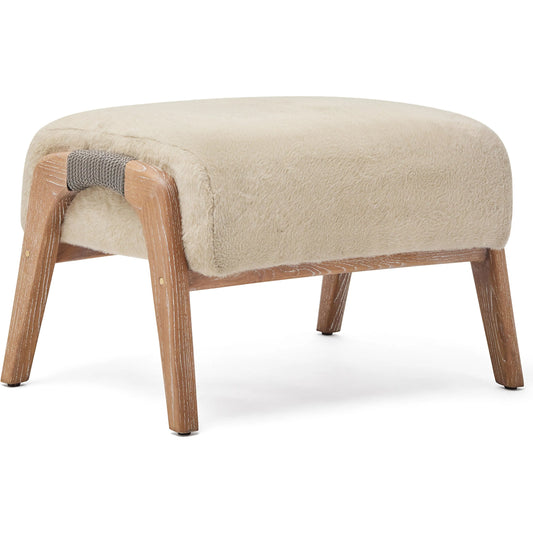 Dexter Ottoman by Interlude Home in fawn (taupe) and autumn brown. Made from wood, cashmere faux shearling in a rustic style.