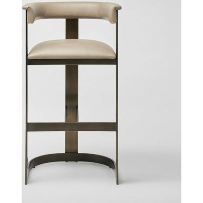 Darcy II Bar Stool by Interlude Home in buff cream and polished brass. Made from stainless steel, leather in a modern style.