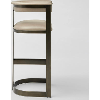 Darcy II Bar Stool by Interlude Home in buff cream and polished brass. Made from stainless steel, leather in a modern style.