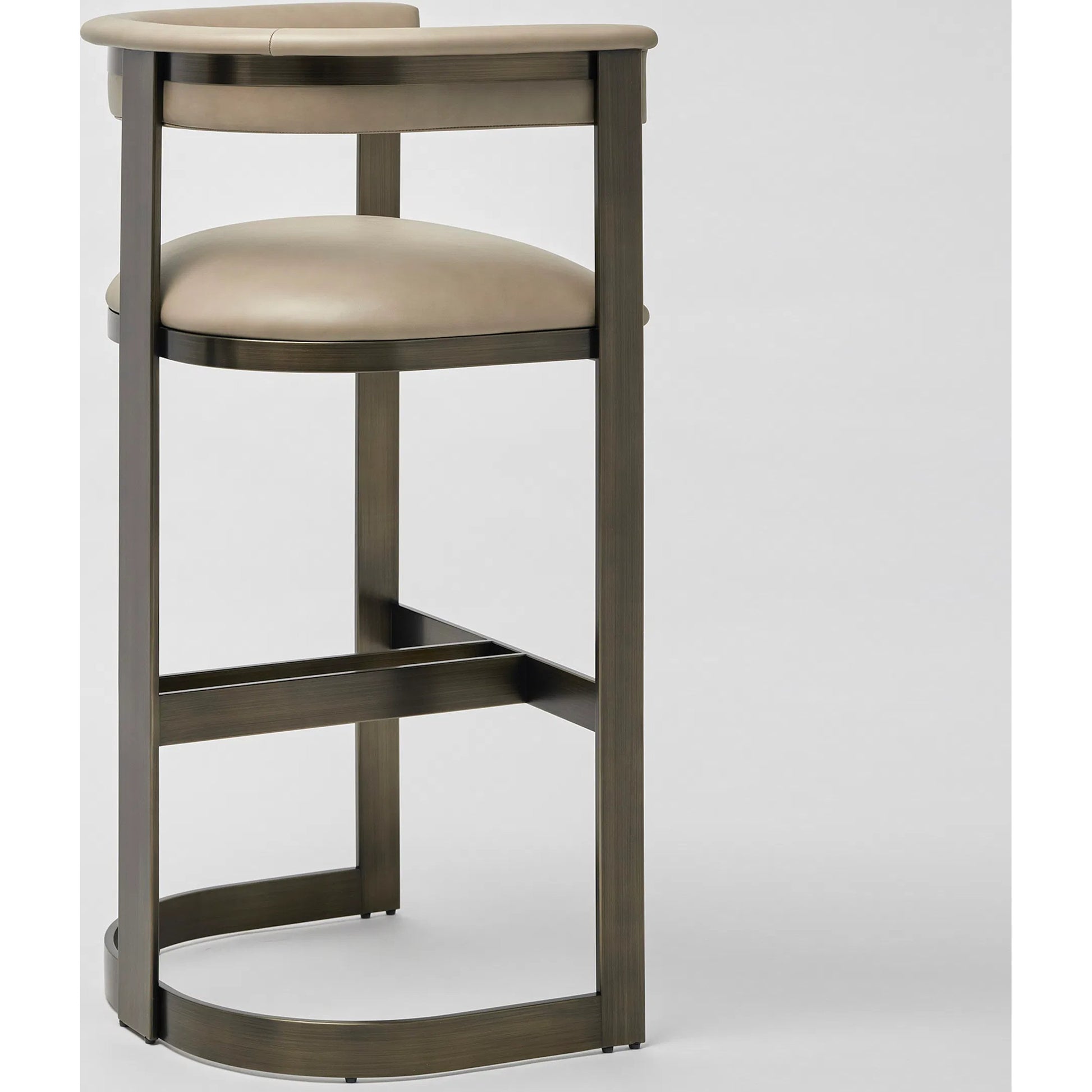 Darcy II Bar Stool by Interlude Home in buff cream and polished brass. Made from stainless steel, leather in a modern style.