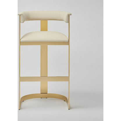 Darcy II Bar Stool by Interlude Home in buff cream and polished brass. Made from stainless steel, leather in a modern style.