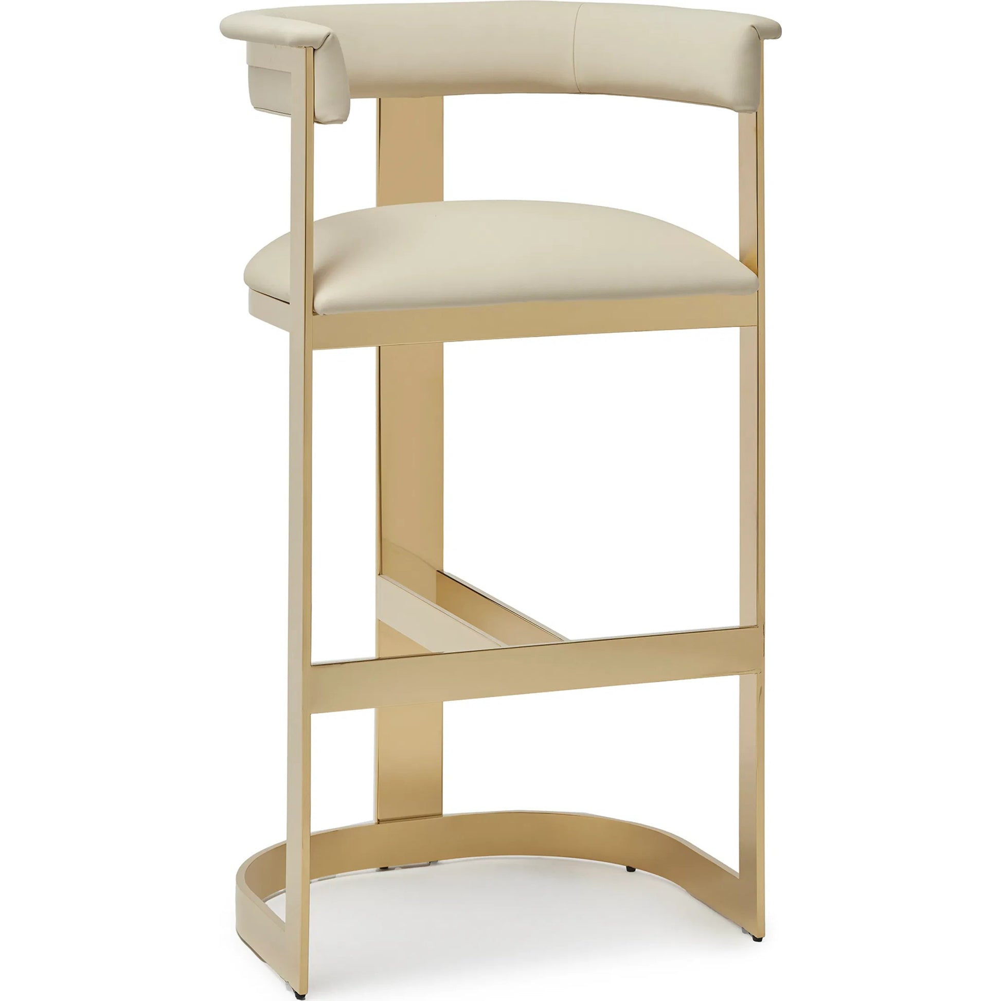 Darcy II Bar Stool by Interlude Home in buff cream and polished brass. Made from stainless steel, leather in a modern style.