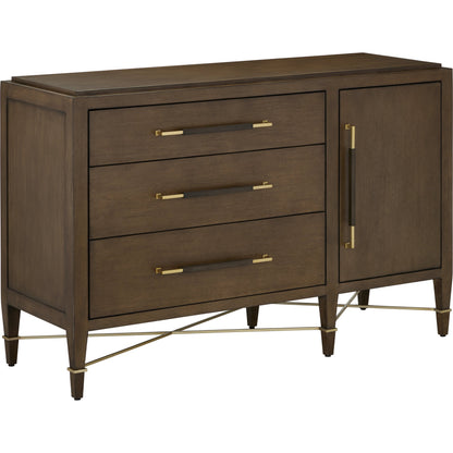 Verona Three-Drawer Chest by Currey and Company in lacquered black linen, champagne. Made from black linen, mahogany, brass, iron in a traditional style.