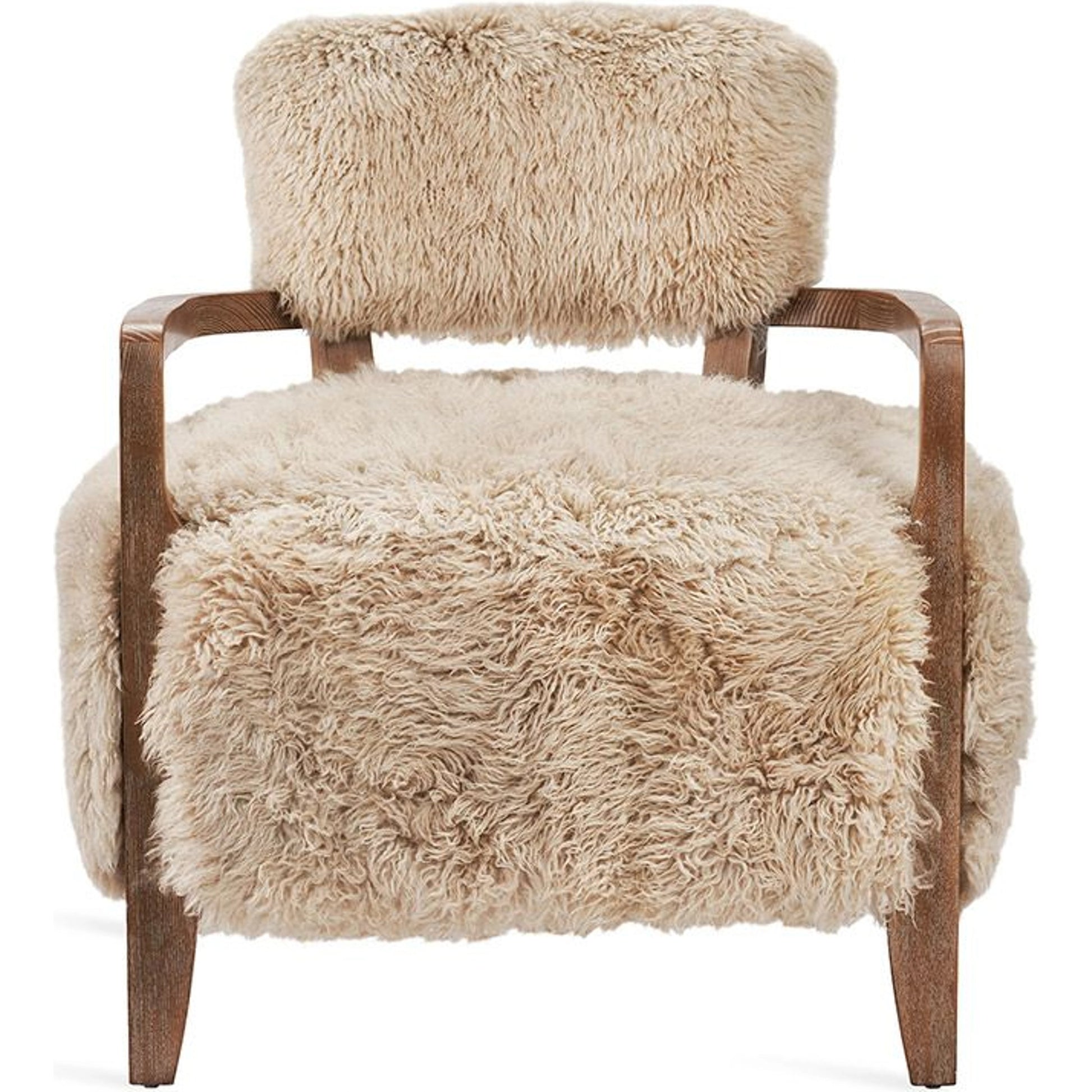 Royce Lounge Chair by Interlude Home in autumn brown, morel taupe. Made from wood, tibetan lamb skin in a rustic style.