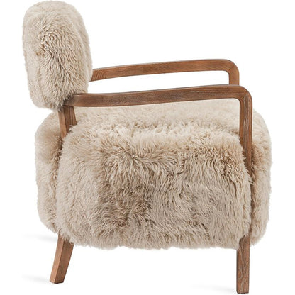 Royce Lounge Chair by Interlude Home in autumn brown, morel taupe. Made from wood, tibetan lamb skin in a rustic style.