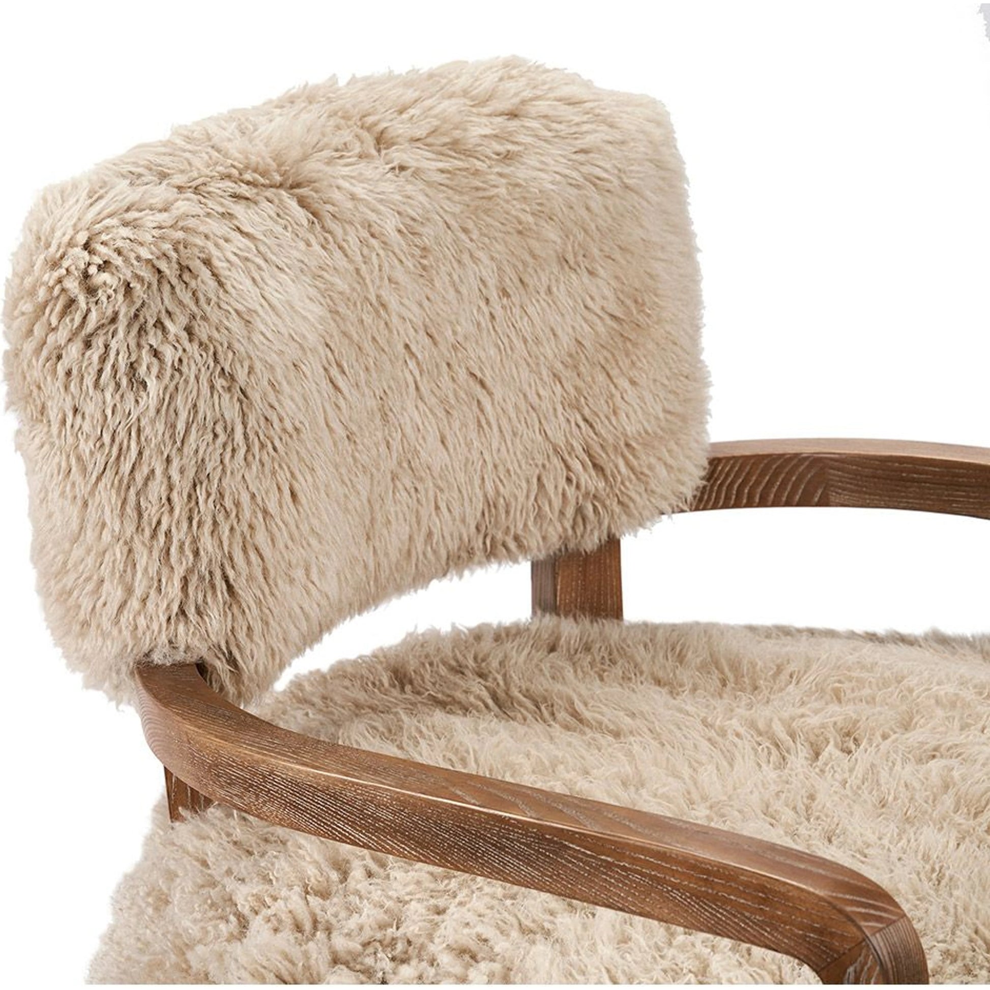 Royce Lounge Chair by Interlude Home in autumn brown, morel taupe. Made from wood, tibetan lamb skin in a rustic style.