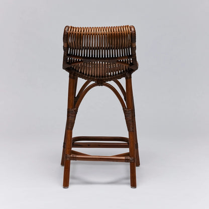Naples Counter Stool by Interlude Home in warm taupe. Made from rattan in a cottage & farmhouse style.