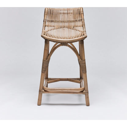 Naples Counter Stool by Interlude Home in warm taupe. Made from rattan in a cottage & farmhouse style.