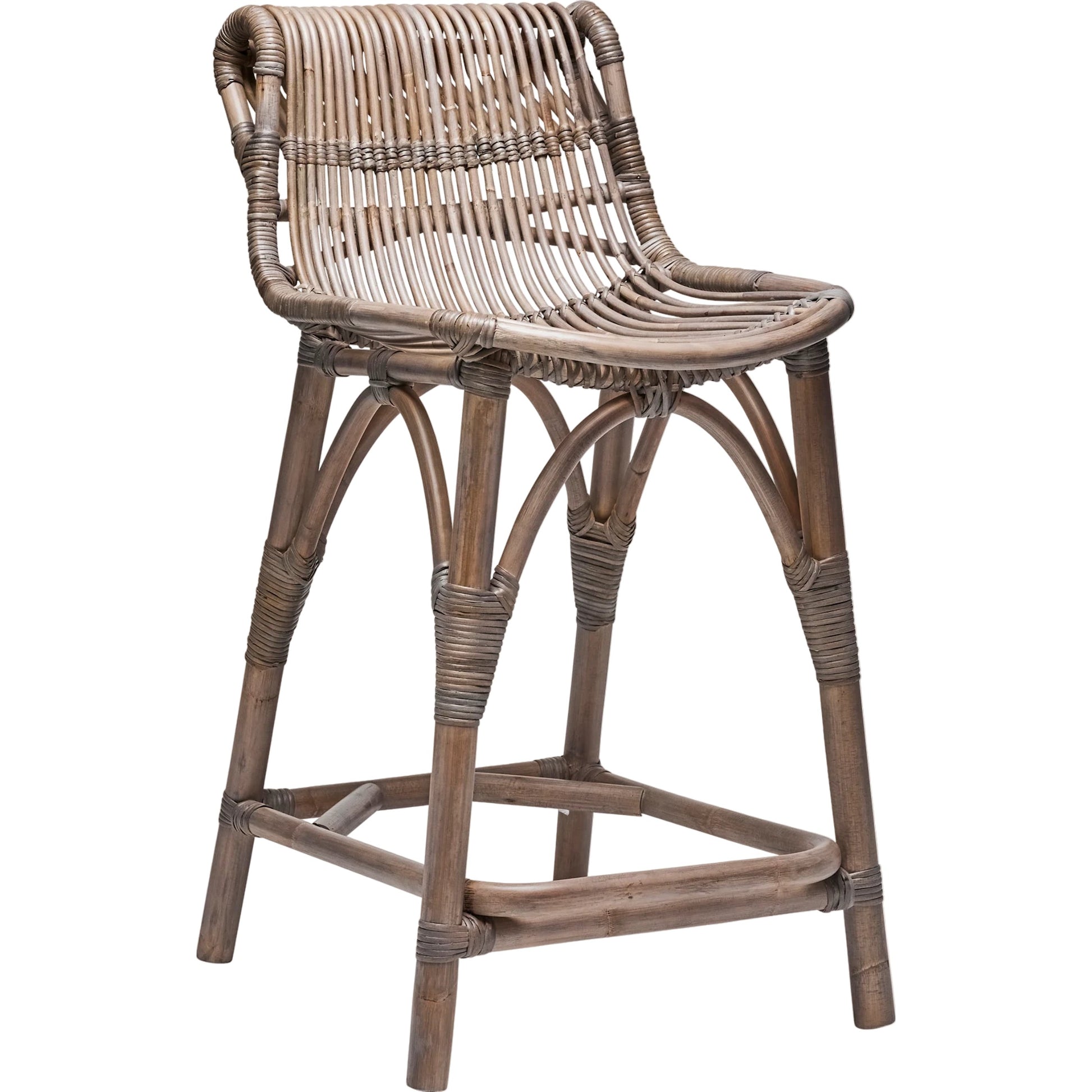 Naples Counter Stool by Interlude Home in warm taupe. Made from rattan in a cottage & farmhouse style.