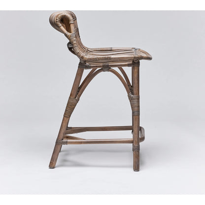 Naples Counter Stool by Interlude Home in warm taupe. Made from rattan in a cottage & farmhouse style.