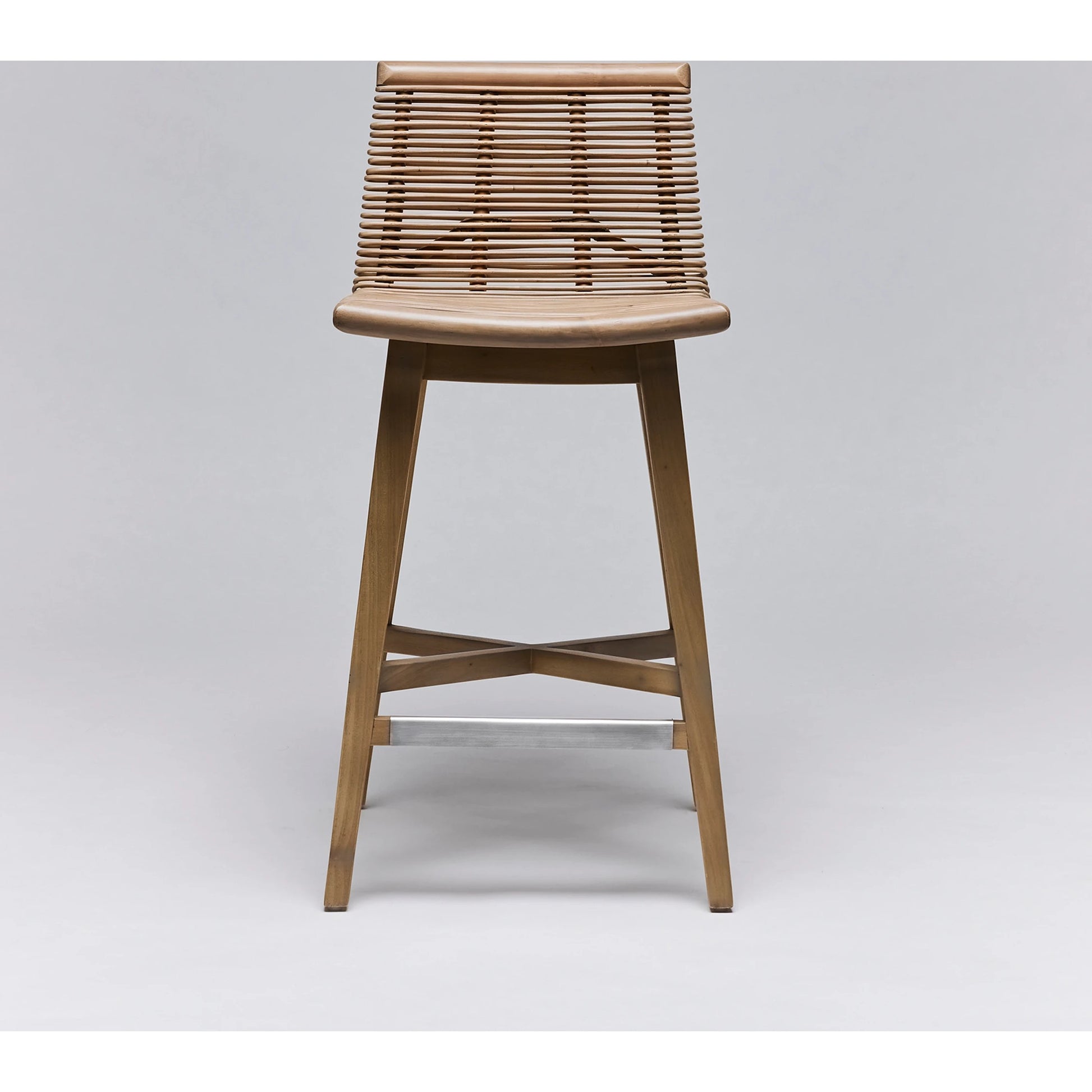 Sanibel Counter Stool by Interlude Home in narragansett grey. Made from rattan, mahogany in a cottage & farmhouse style.
