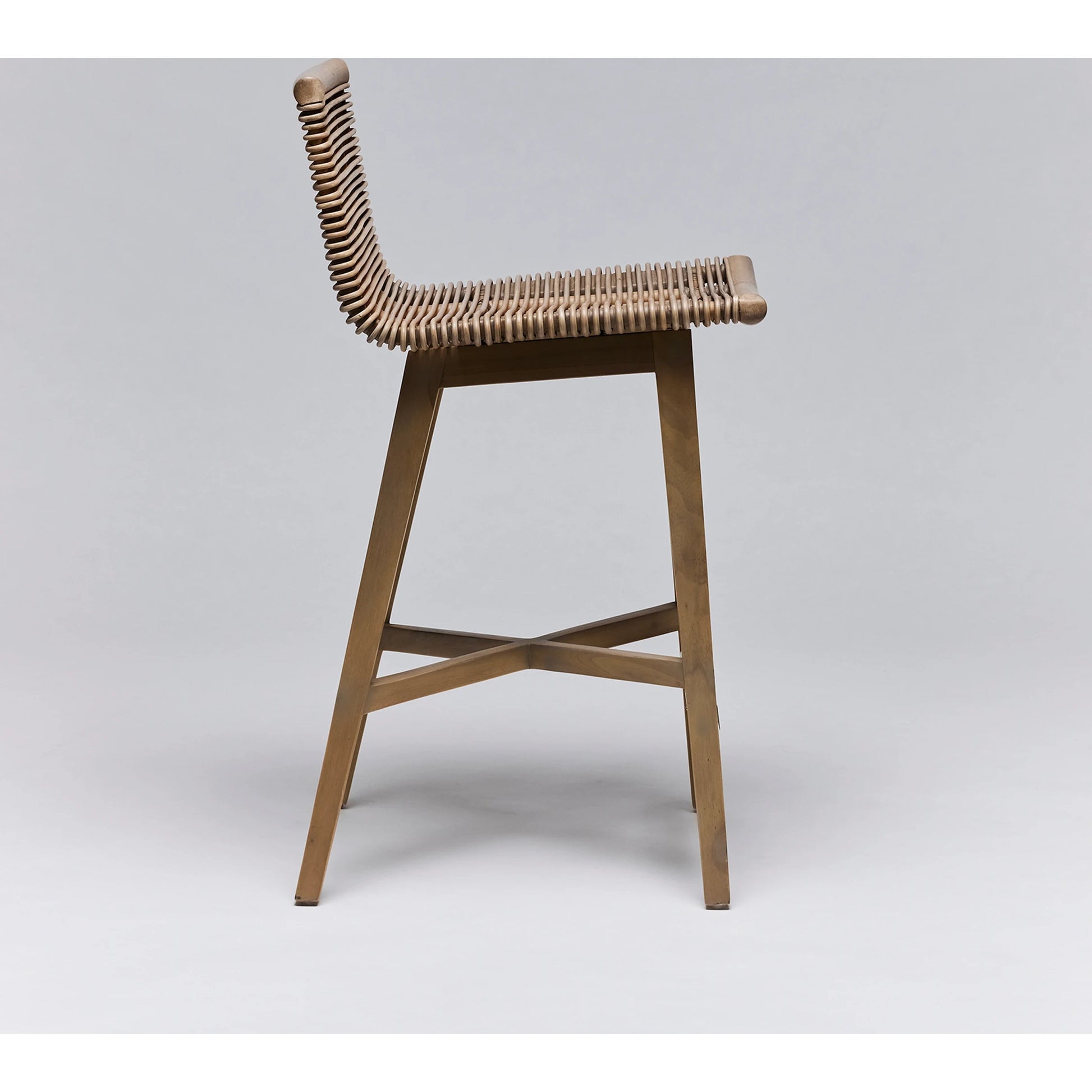 Sanibel Counter Stool by Interlude Home in narragansett grey. Made from rattan, mahogany in a cottage & farmhouse style.