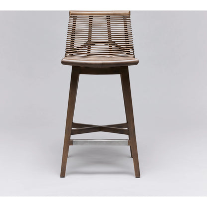 Sanibel Counter Stool by Interlude Home in narragansett grey. Made from rattan, mahogany in a cottage & farmhouse style.