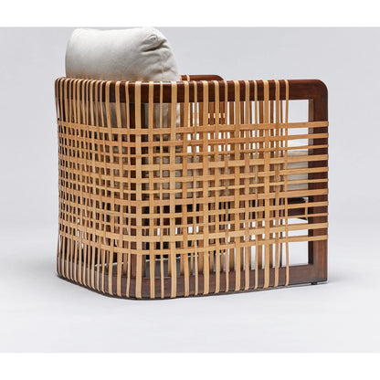 Palms Lounge Chair by Interlude Home in chestnut, natural rattan, natural. Made from mahogany, rattan, flax weave in a cottage & farmhouse style.