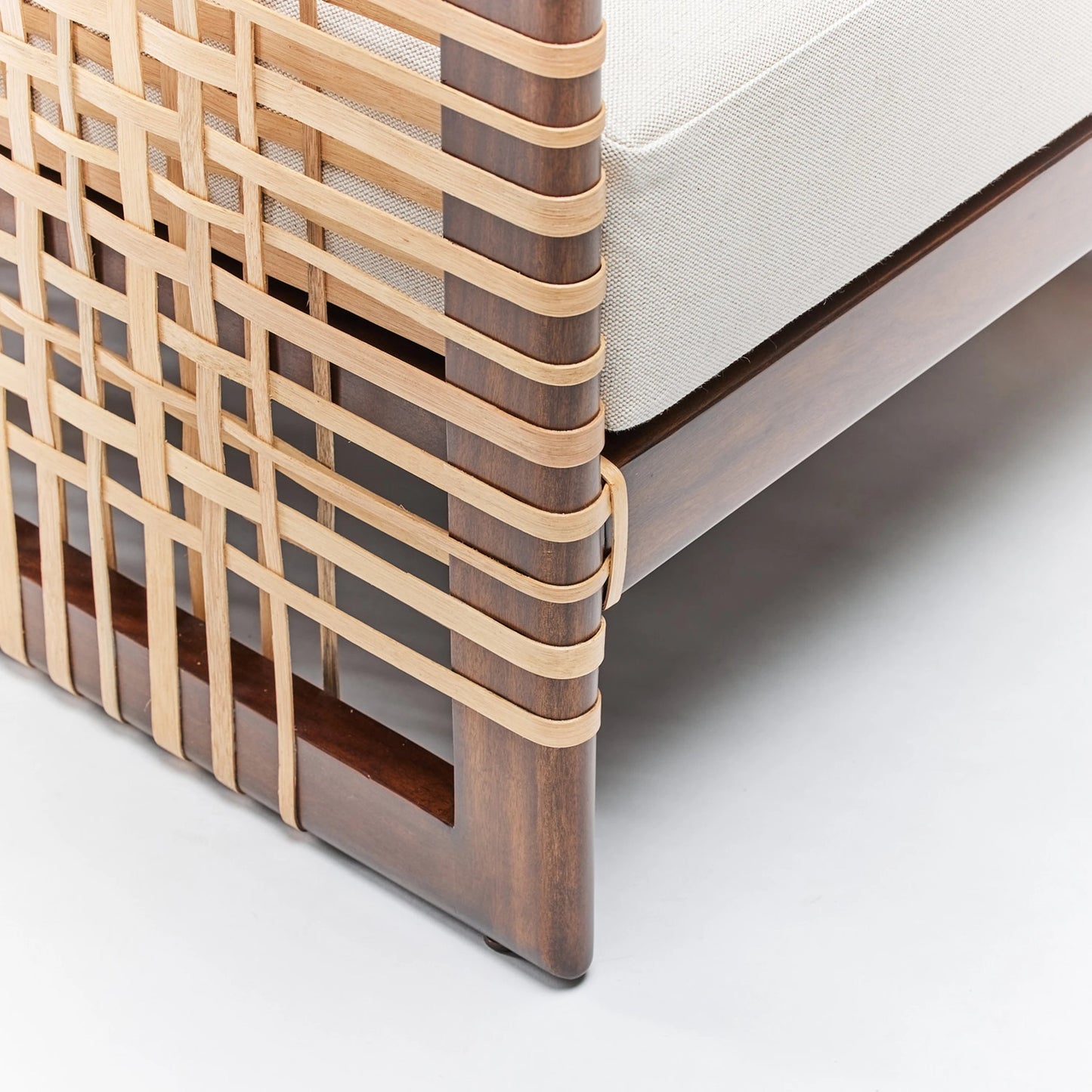 007 SI-2123075 | Closeup | Palms Lounge Chair by Interlude Home in chestnut, natural rattan, natural. Made from mahogany, rattan, flax weave in a cottage & farmhouse style.