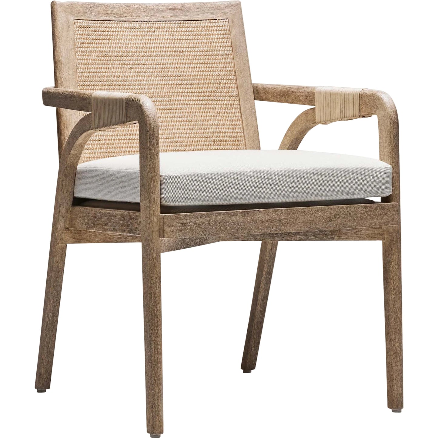 001 SI-2122843 | Primary Silo | Delray Arm Chair by Interlude Home in white ceruse, off white, natural. Made from mahogany, rattan, leather, flax weave in a cottage & farmhouse style.