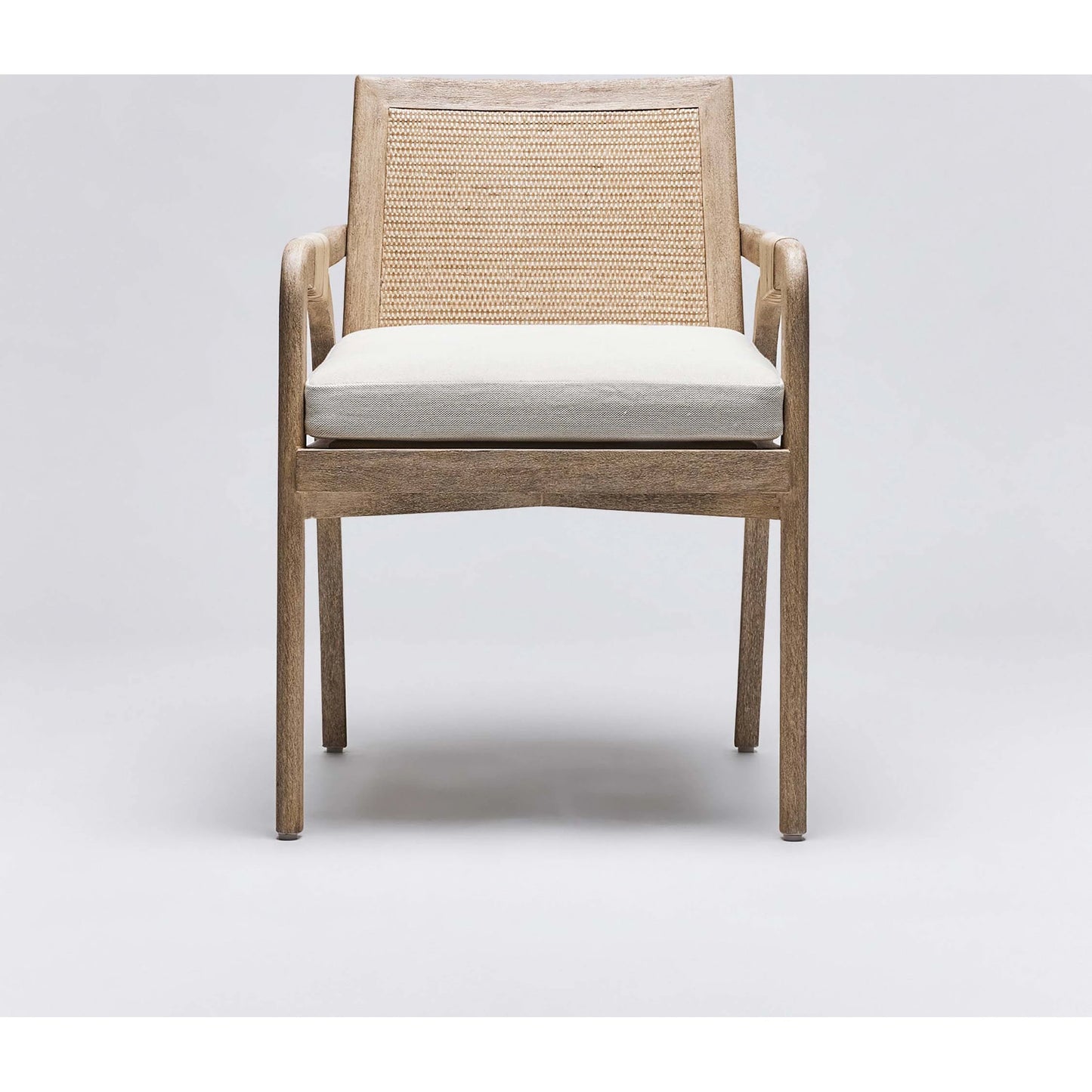 006 SI-2122843 | Additional Silo | Delray Arm Chair by Interlude Home in white ceruse, off white, natural. Made from mahogany, rattan, leather, flax weave in a cottage & farmhouse style.