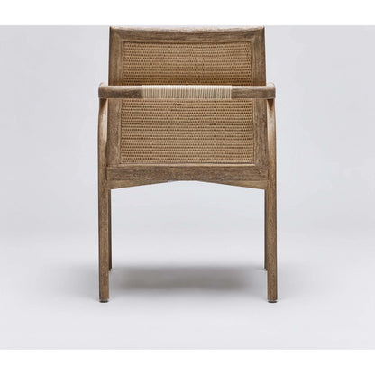 Delray Arm Chair by Interlude Home. Made from mahogany, rattan, leather, flax weave in a cottage & farmhouse style.