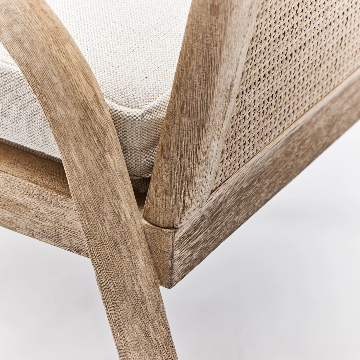 003 SI-2122843 | Closeup | Delray Arm Chair by Interlude Home in white ceruse, off white, natural. Made from mahogany, rattan, leather, flax weave in a cottage & farmhouse style.
