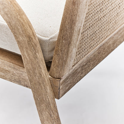 Delray Arm Chair by Interlude Home. Made from mahogany, rattan, leather, flax weave in a cottage & farmhouse style.