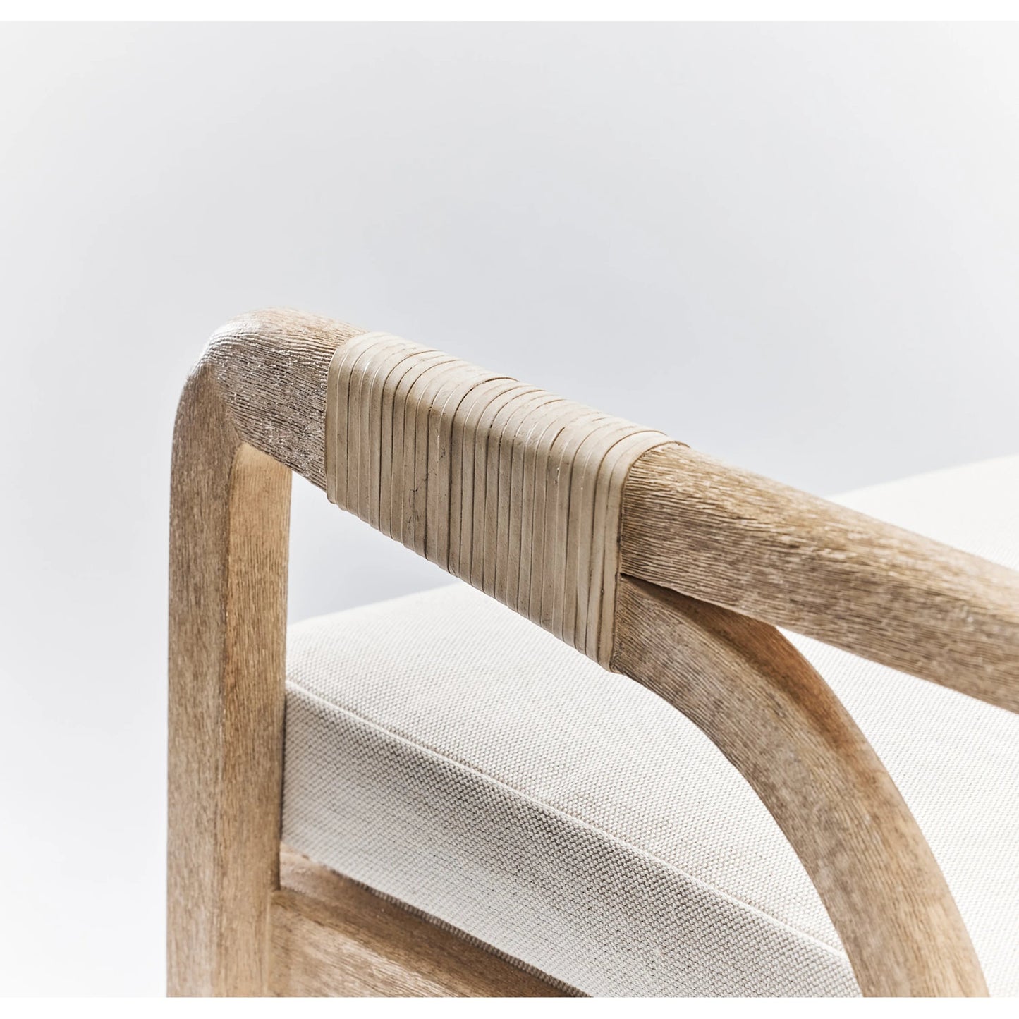 002 SI-2122843 | Closeup | Delray Arm Chair by Interlude Home in white ceruse, off white, natural. Made from mahogany, rattan, leather, flax weave in a cottage & farmhouse style.
