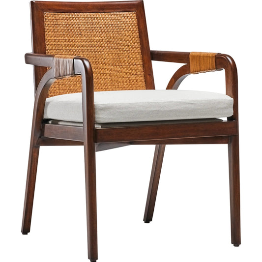 Delray Arm Chair by Interlude Home. Made from mahogany, rattan, leather, flax weave in a cottage & farmhouse style.