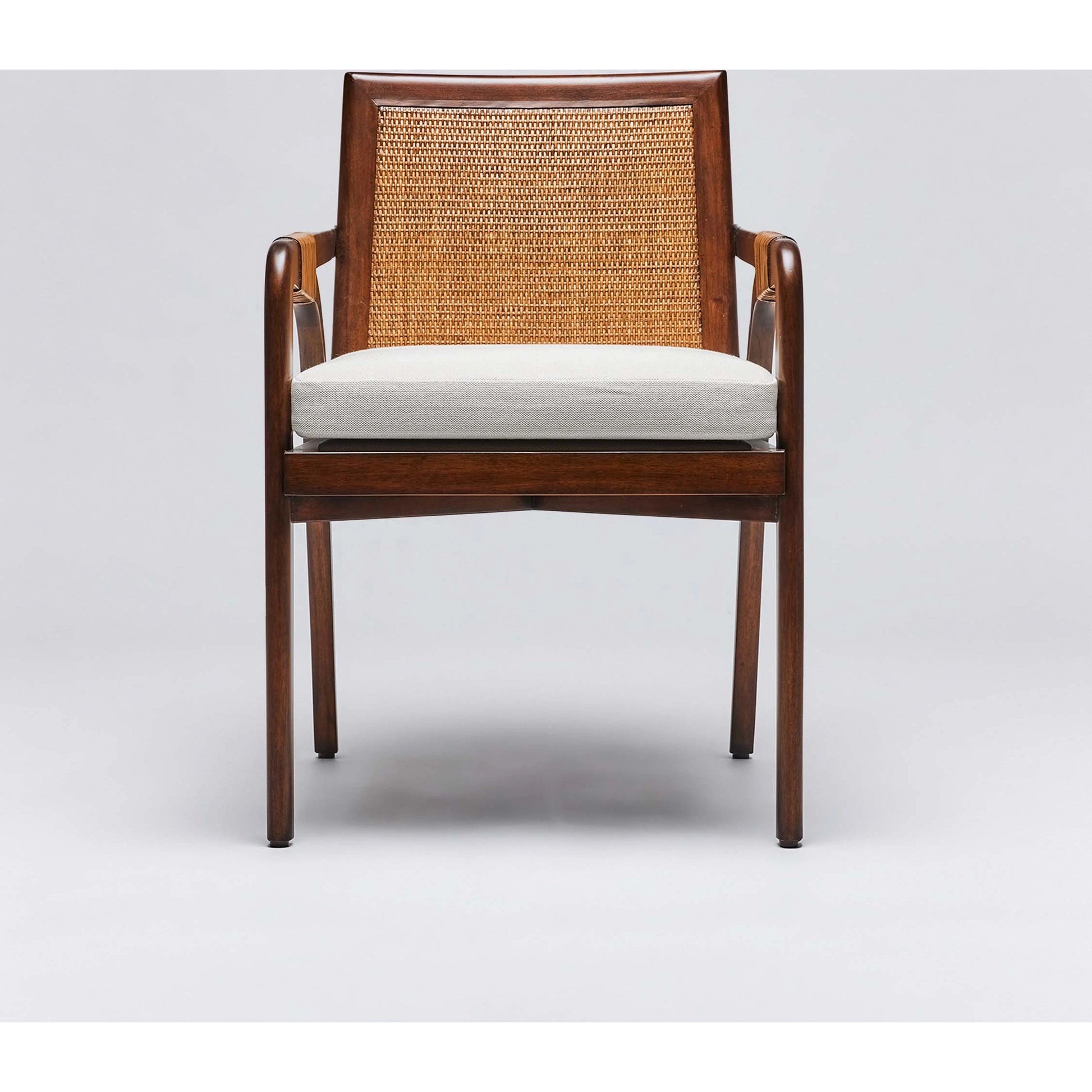 Delray Arm Chair by Interlude Home. Made from mahogany, rattan, leather, flax weave in a cottage & farmhouse style.