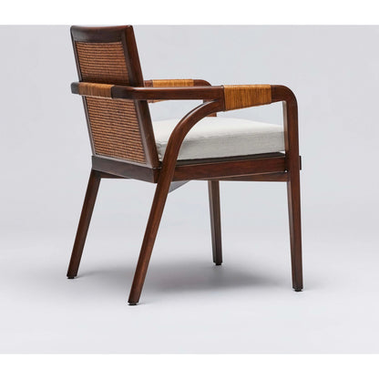 Delray Arm Chair by Interlude Home. Made from mahogany, rattan, leather, flax weave in a cottage & farmhouse style.